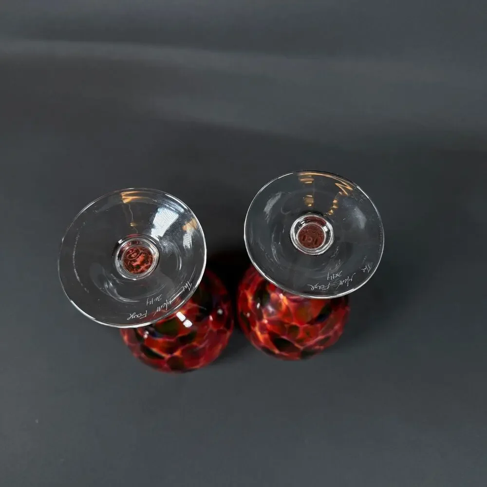 Lot of 2 Crystal Glass Wine Goblets Red Orange Swirl Signed studio art craft